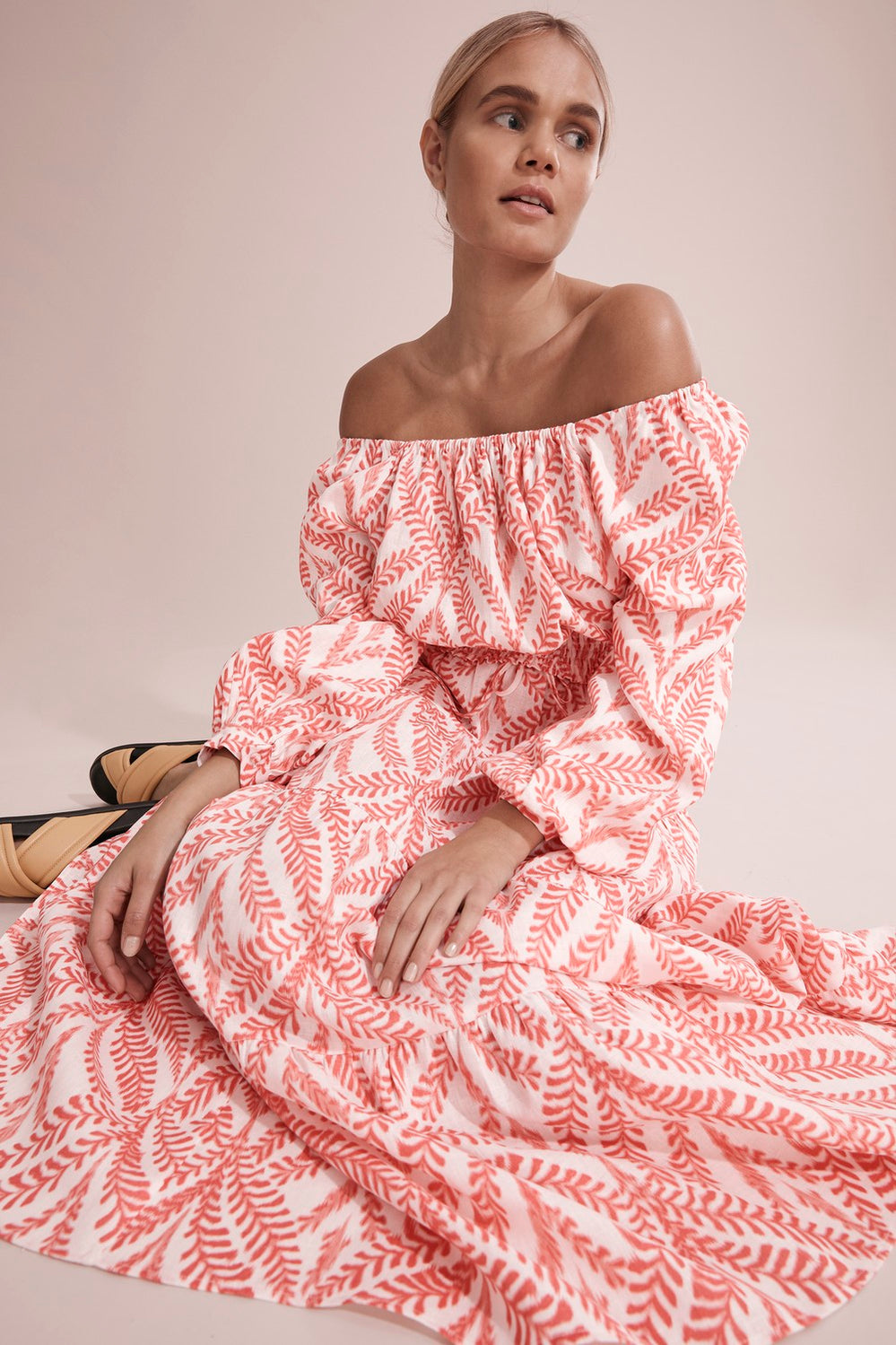 Linen Print Shirred Waist Top