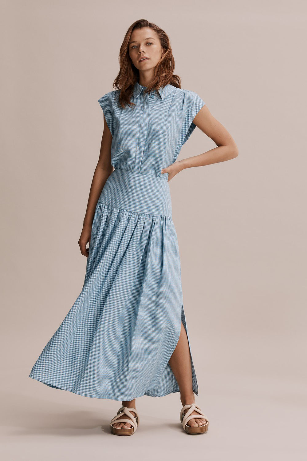 Linen Check Basque Maxi Skirt