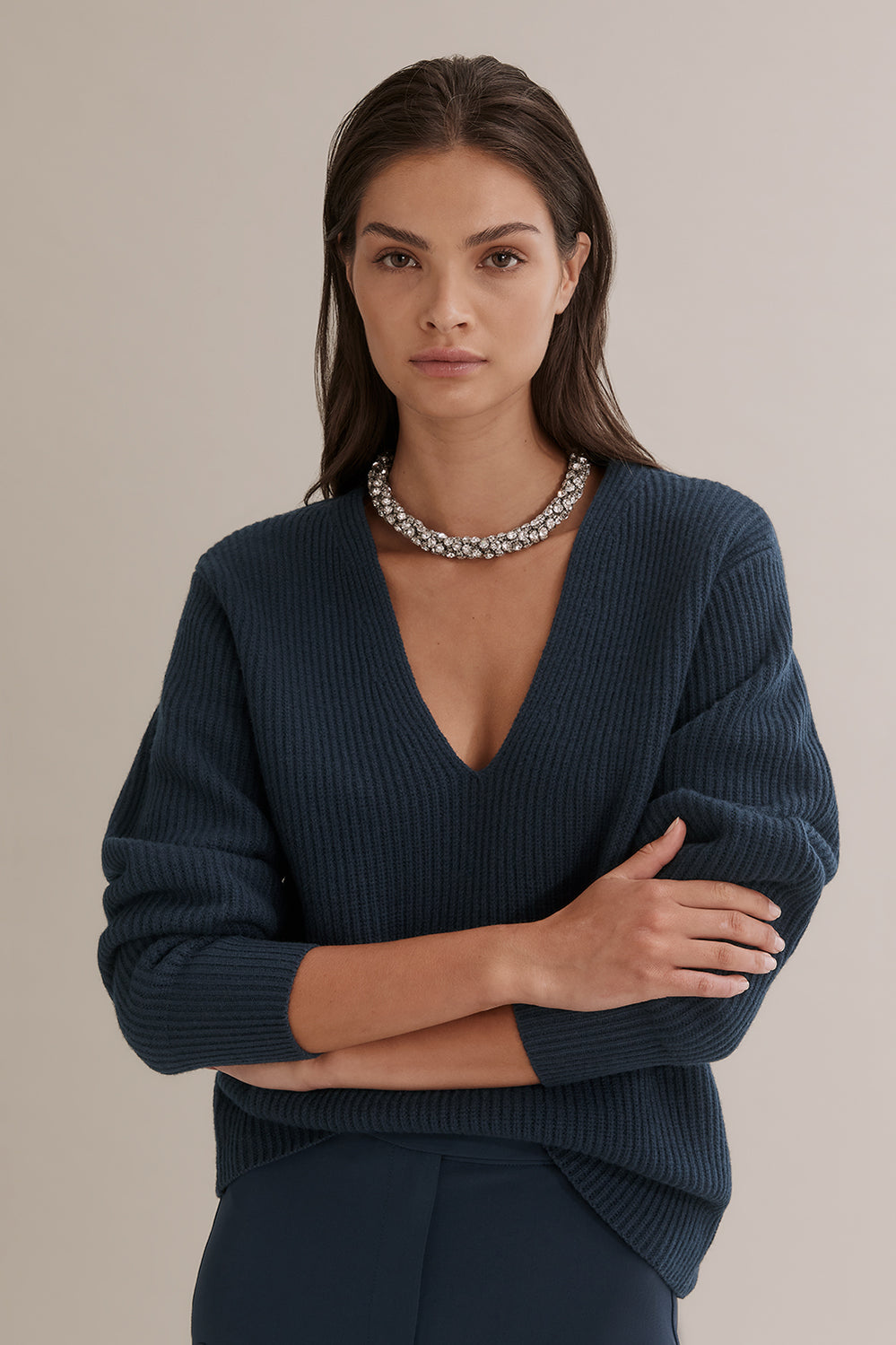 Deep V-Neck Rib Knit