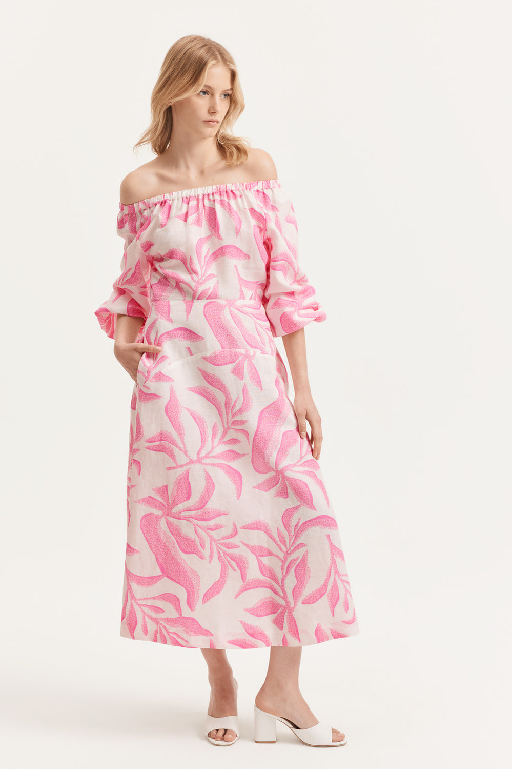 Linen Print Off Shoulder Dress