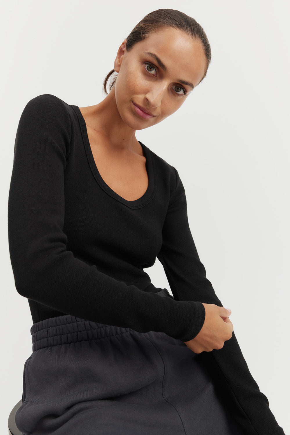 Fitted Rib Scoop Long Sleeve Top