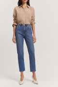 Cotton Blend High Rise Straight Leg Jean