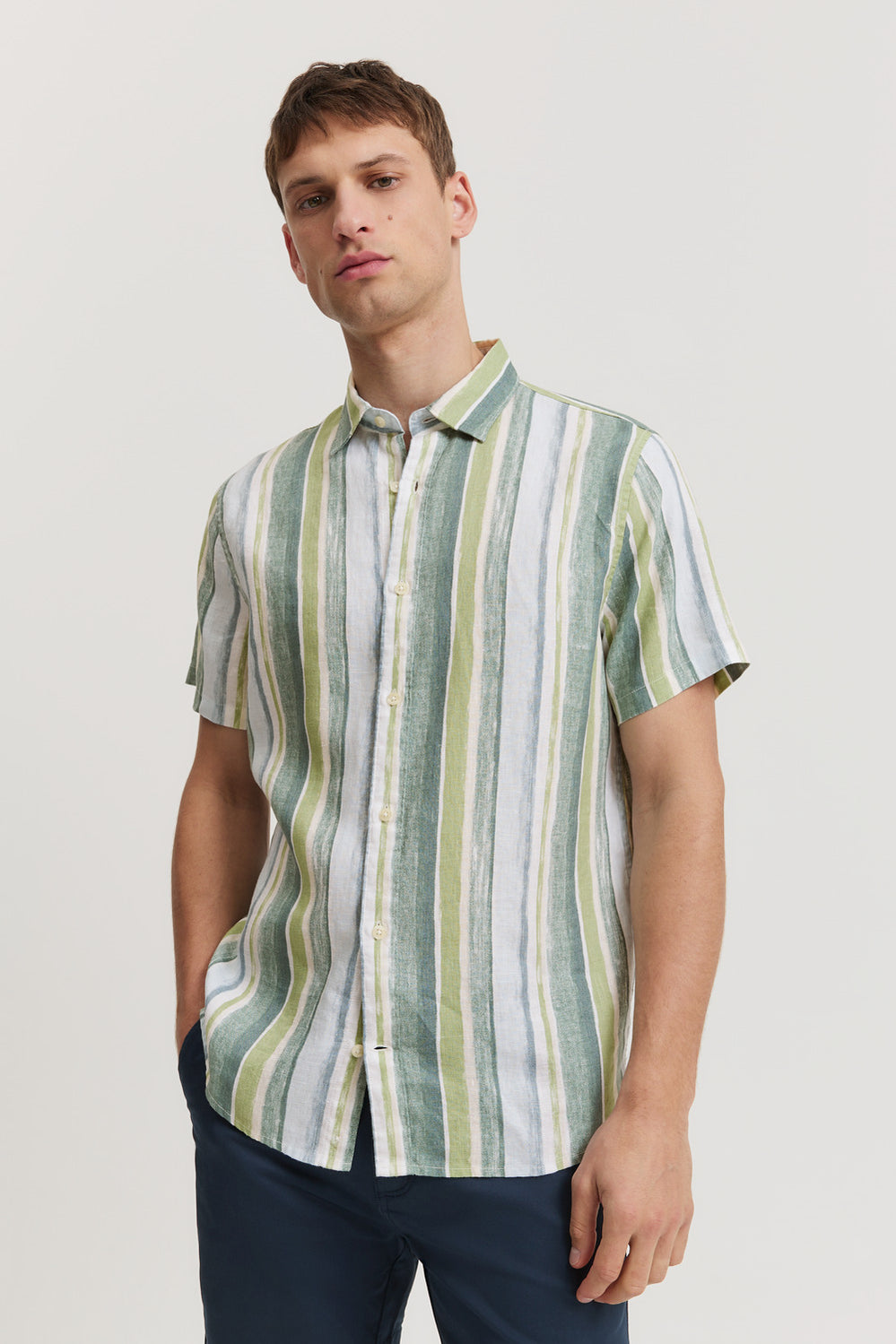 Regular Fit Linen Stripe Short Sleeve Shirt