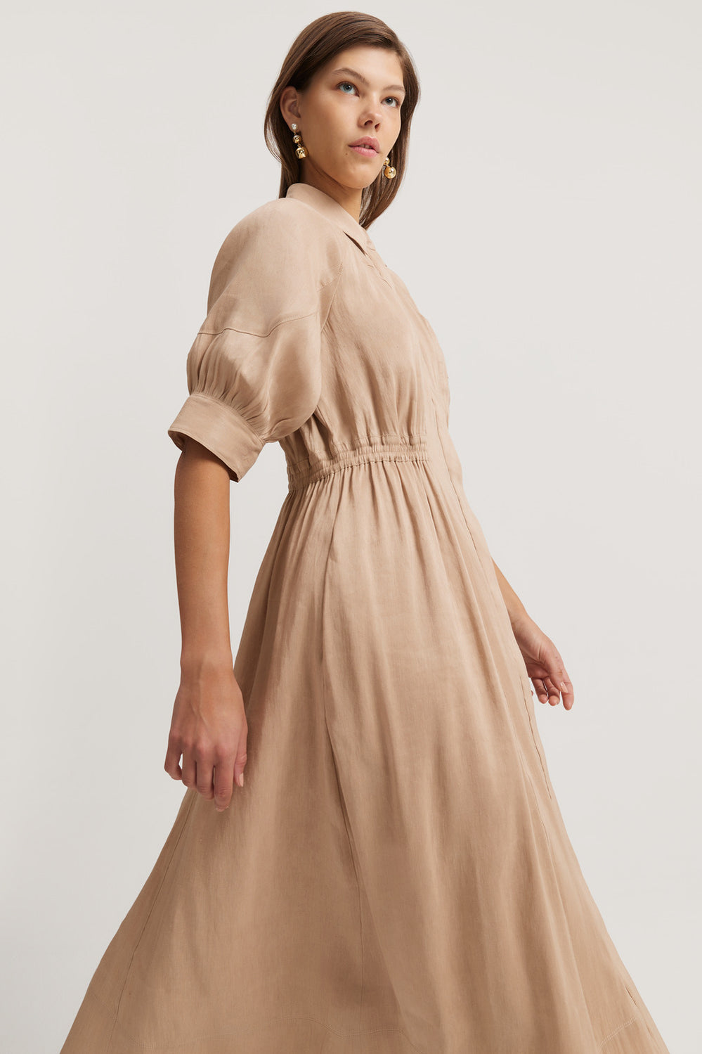 Linen Blend Fluid Cinched Shirt Dress
