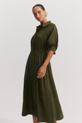 Linen Blend Fluid Cinched Shirt Dress