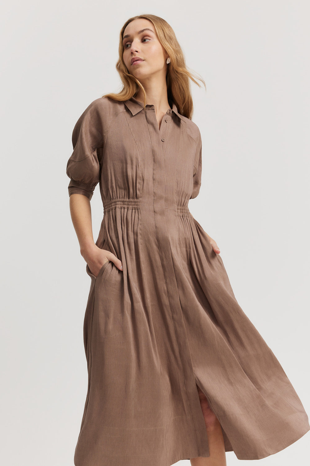 Linen Blend Fluid Cinched Shirt Dress