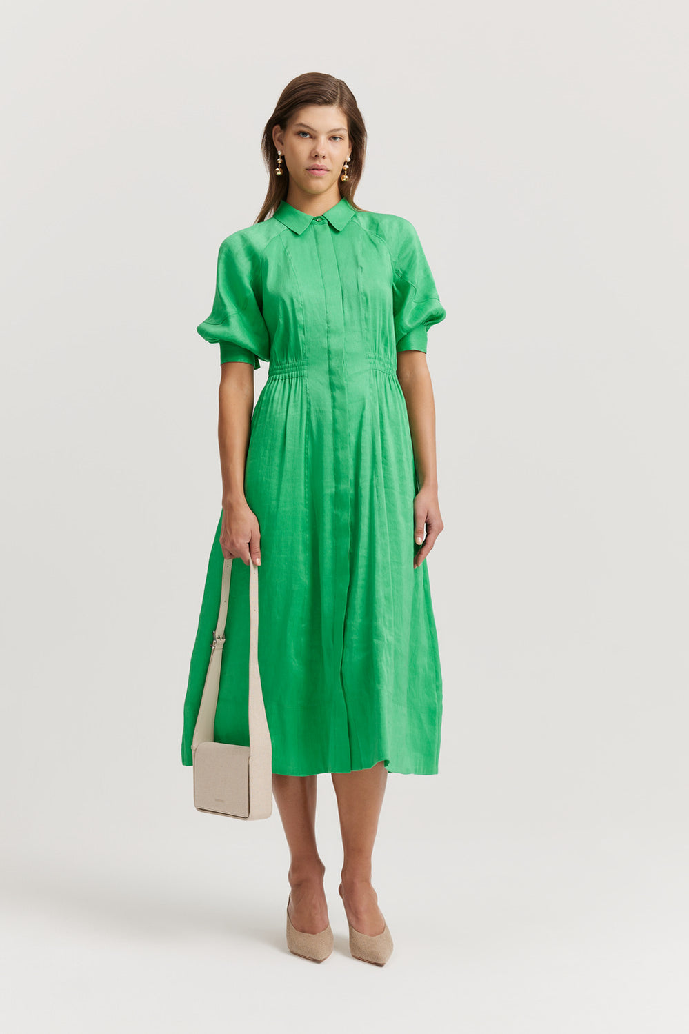 Linen Blend Fluid Cinched Shirt Dress