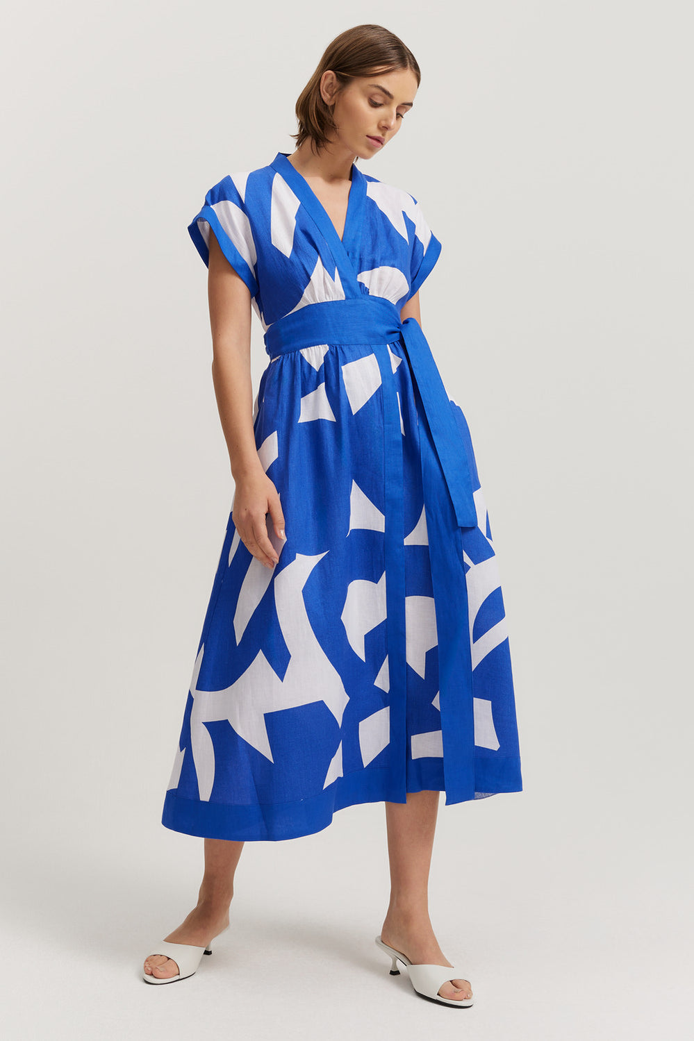 Linen Print Wrap Midi Dress