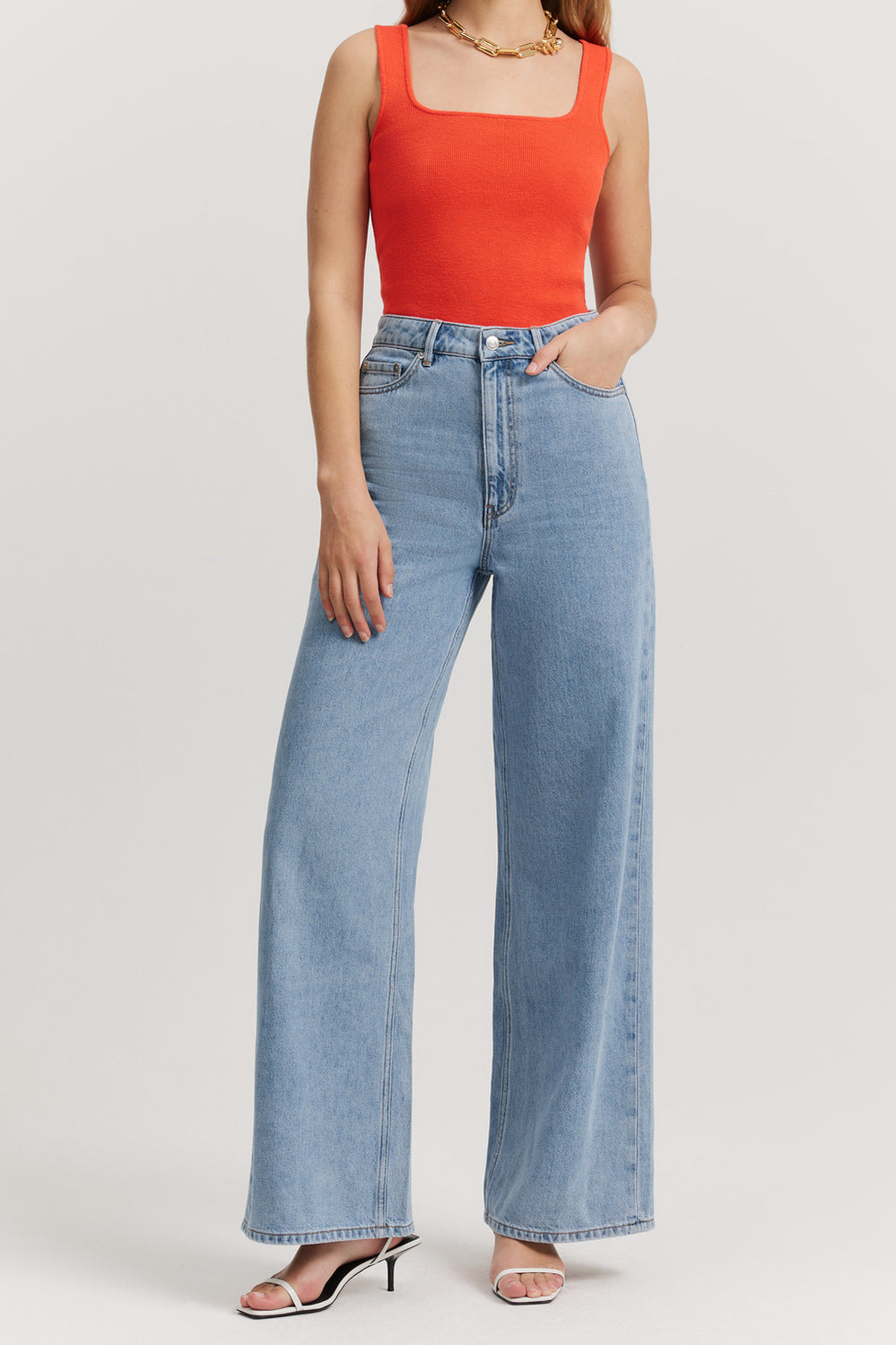 Cotton Blend High Rise Relaxed Leg Jean