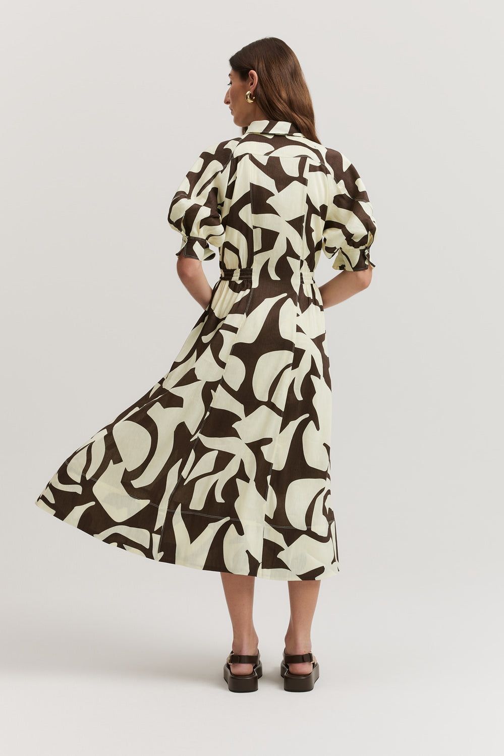Linen Blend Print Cinched Shirt Dress