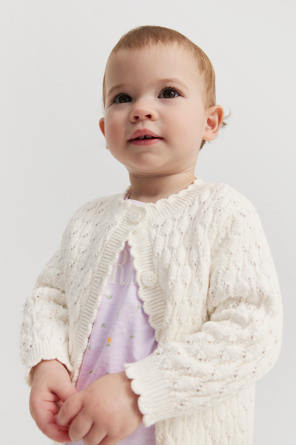 Organically Grown Cotton Blend Pointelle Knit Cardigan