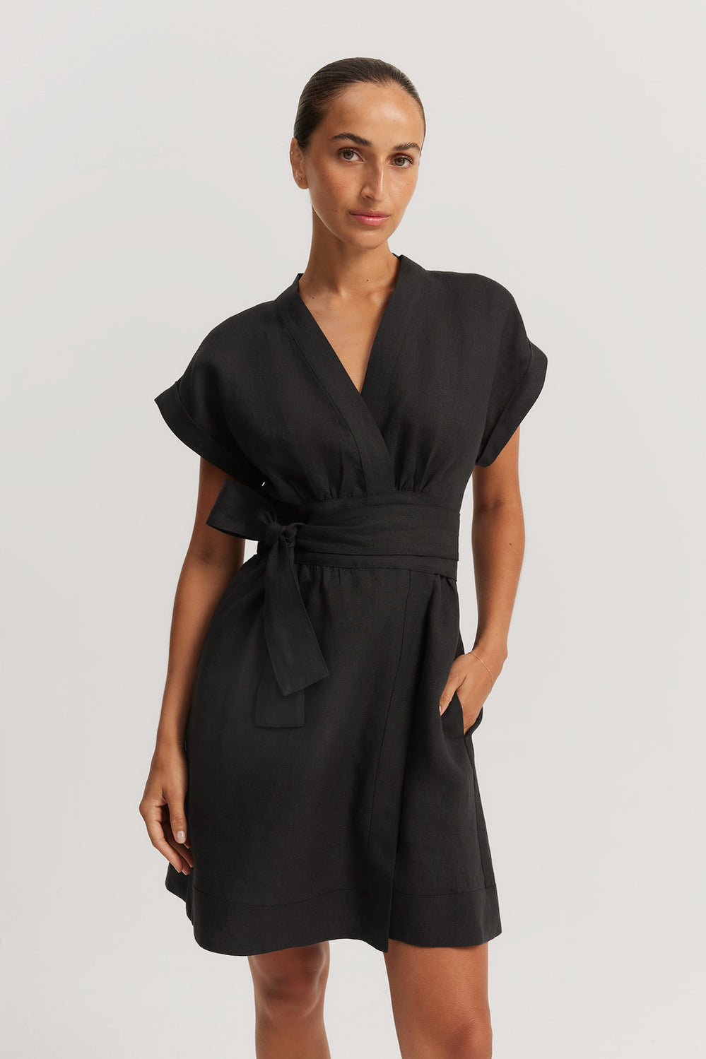 Cotton Linen Wrap Mini Dress