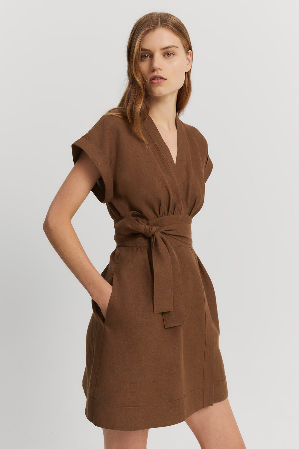 Cotton Linen Wrap Mini Dress
