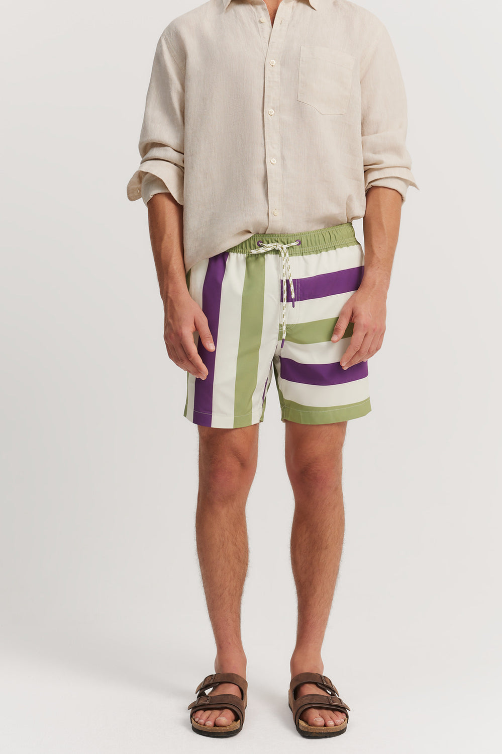 Polyester Blend Spliced Stripe Print Swim Short