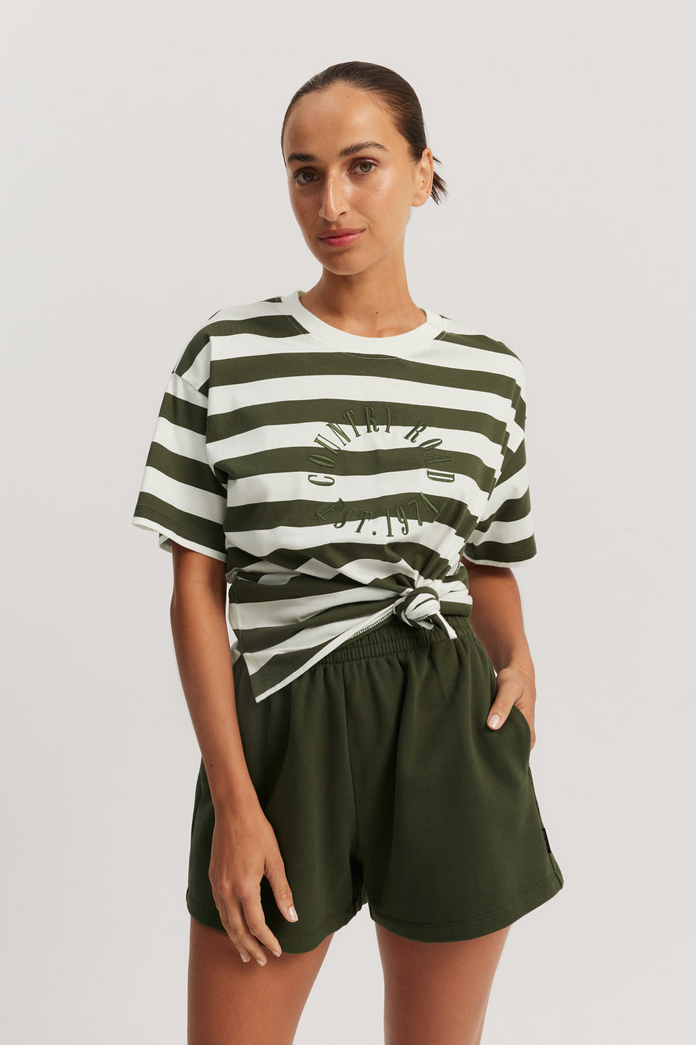 Cotton Stripe Round Logo T-Shirt
