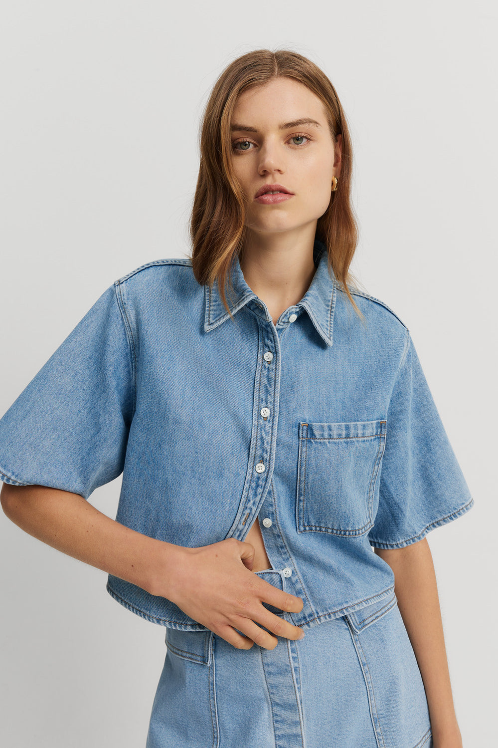 Cotton Blend Denim Short Sleeve Denim Shirt
