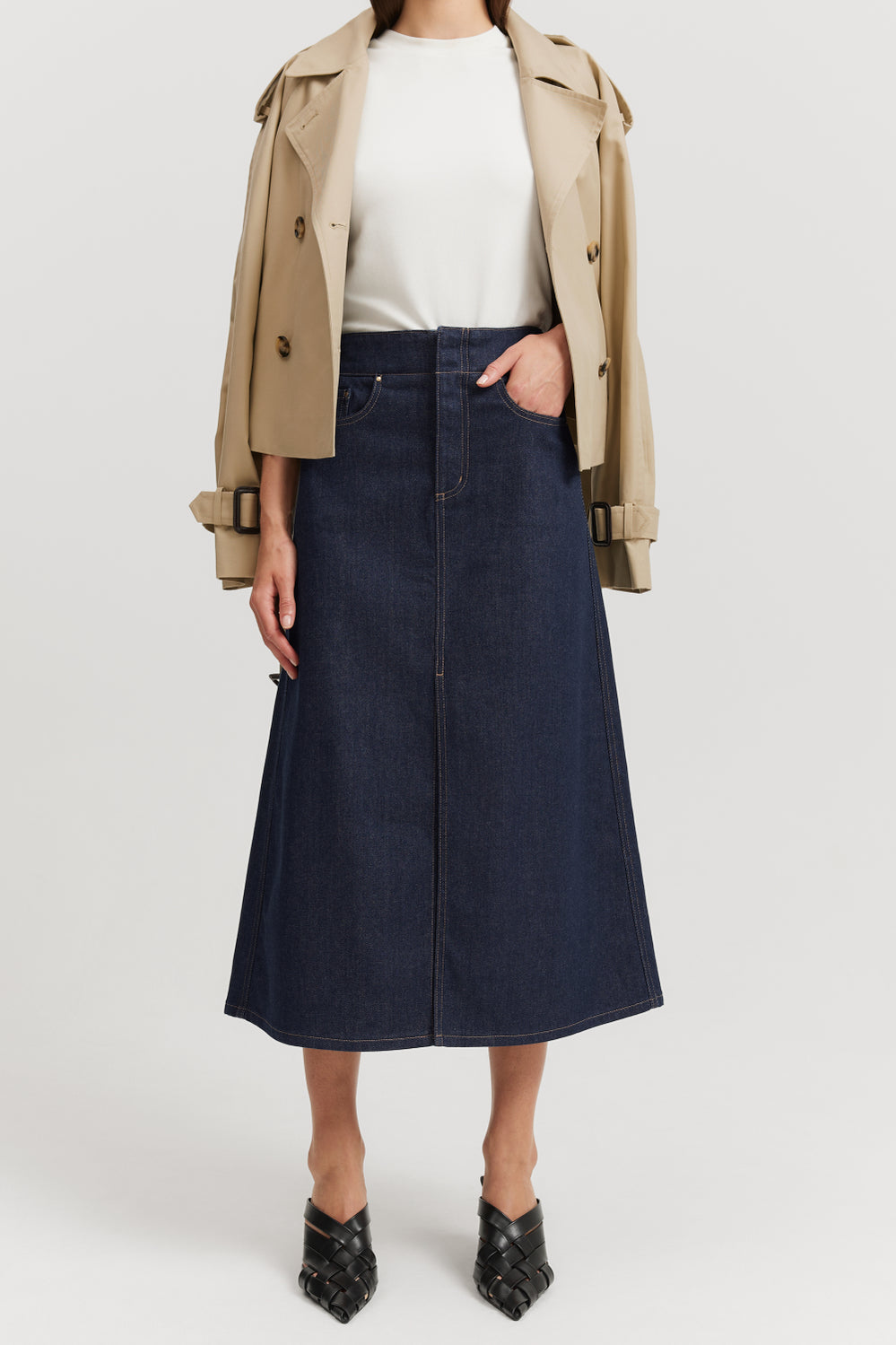 A-Line Denim Midi Skirt