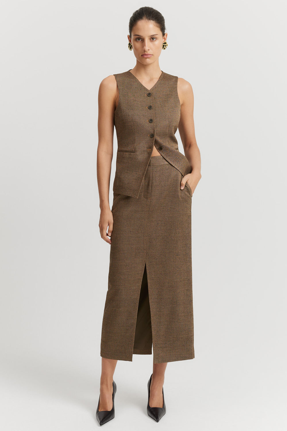 Herringbone Front Split Midi Skirt