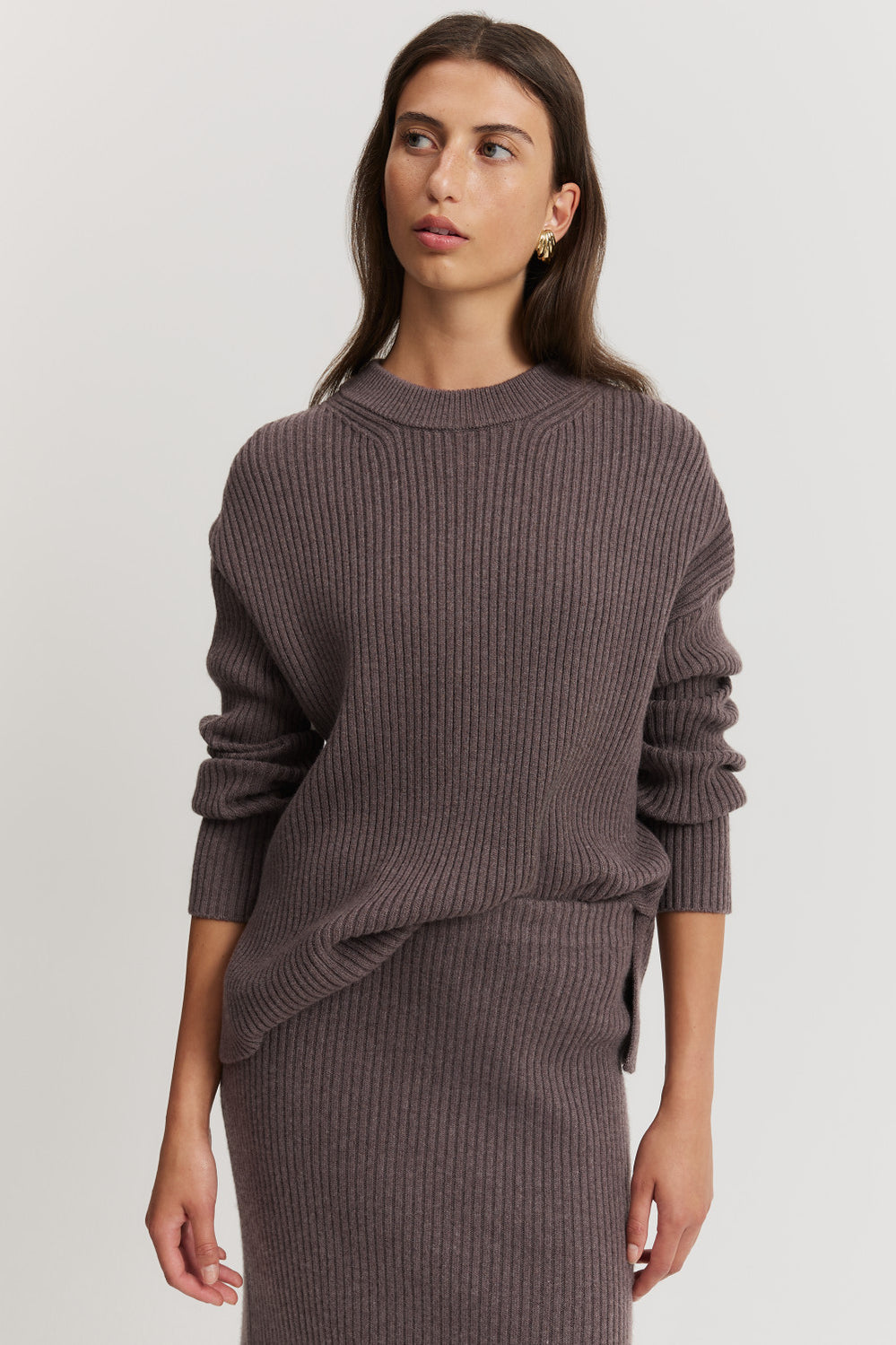 Cotton Cashmere Blend Crew Neck Rib Knit