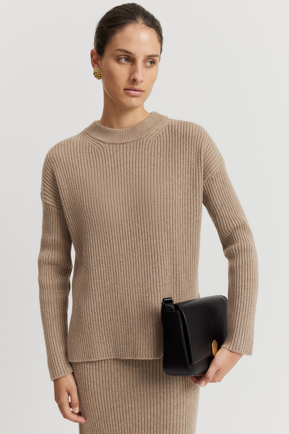 Cotton Cashmere Blend Crew Neck Rib Knit