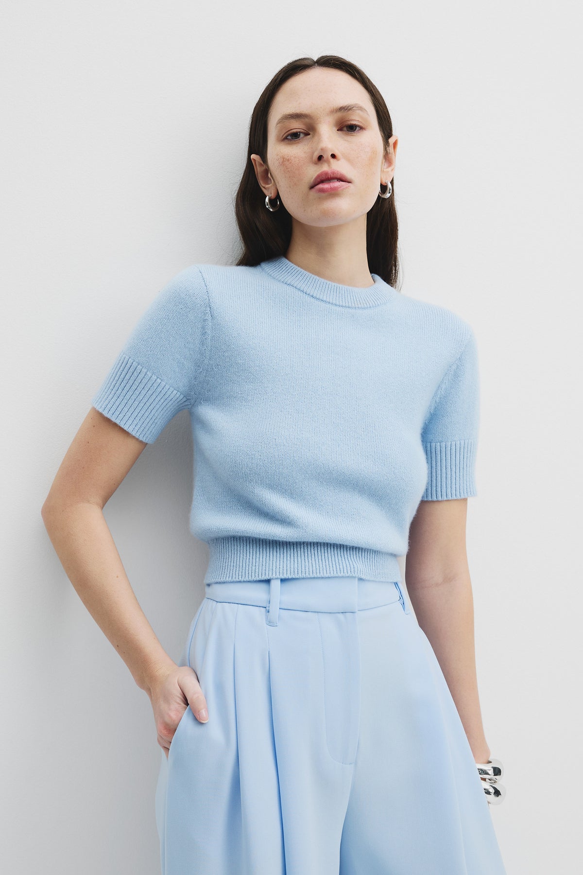 Cashmere Blend Crop Short Sleeve Roll Neck Knit