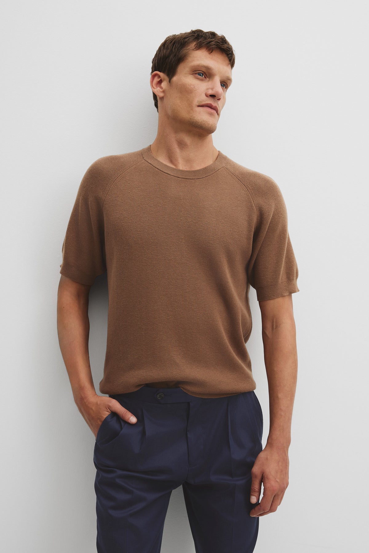 Cotton Blend Rib Knit T-Shirt