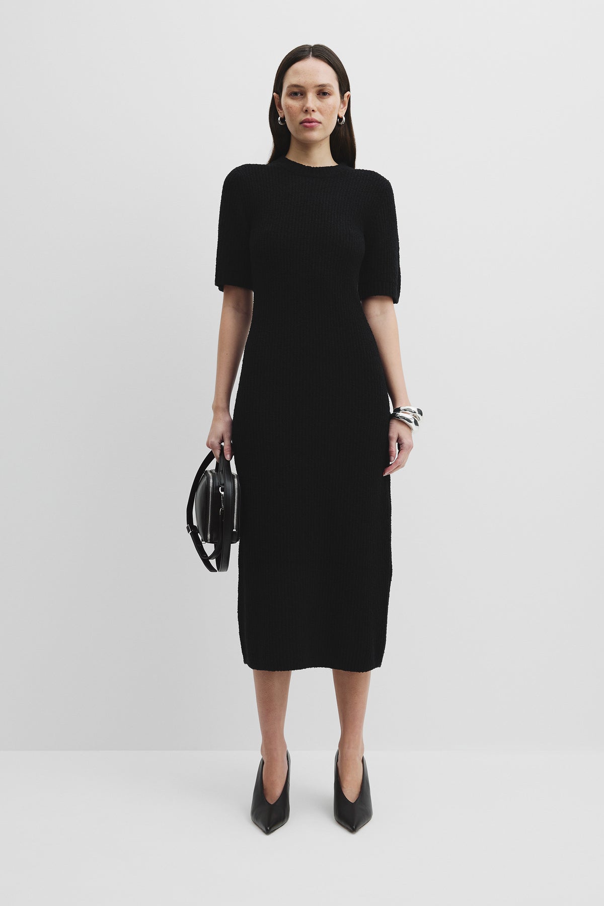 Cotton Blend Boucle Knit Midi Dress