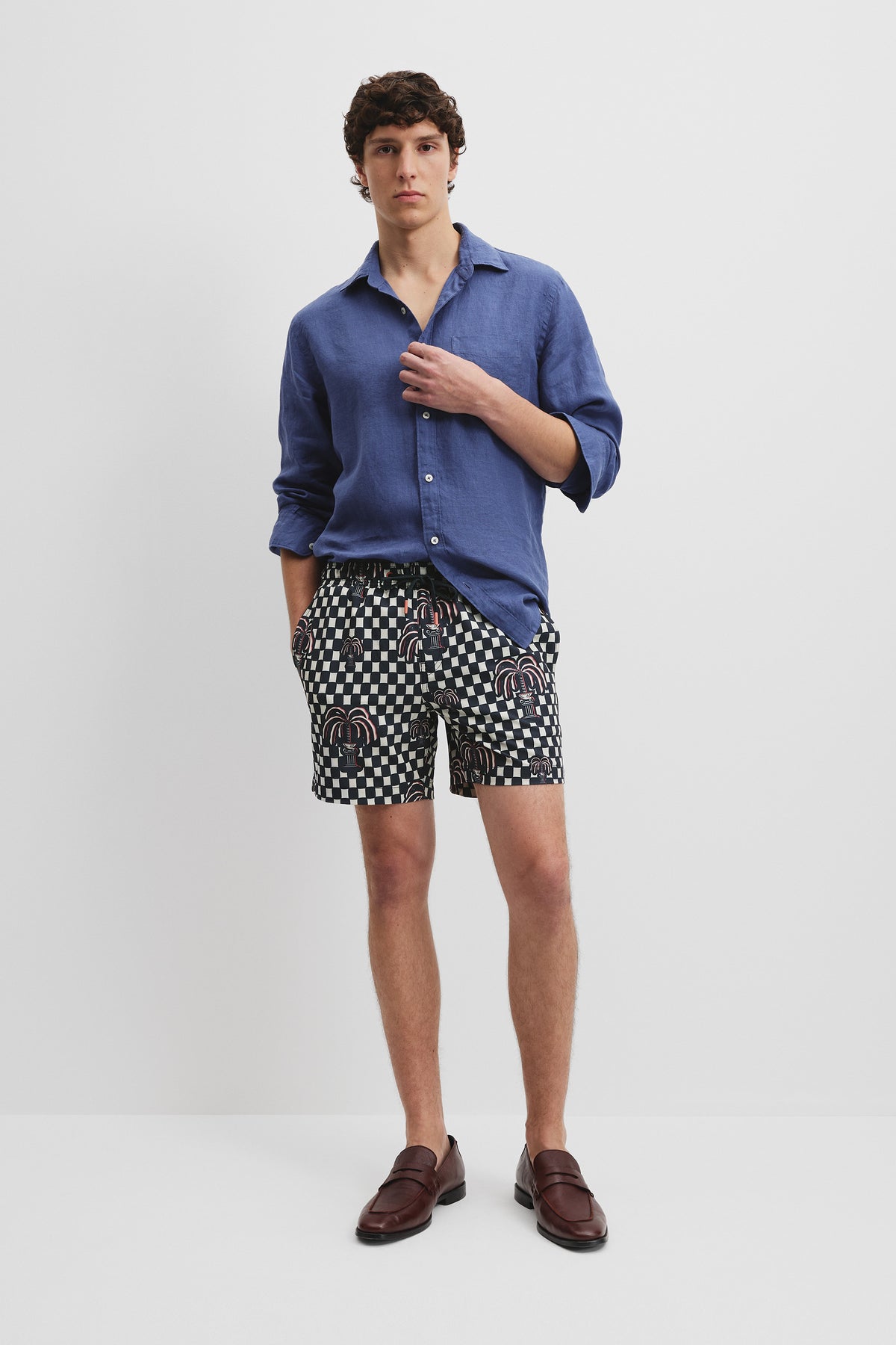 Polyester Blend Palm Check Print Swim Short