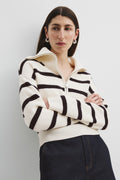 Cotton Blend Stripe Zip Neck Rib Knit