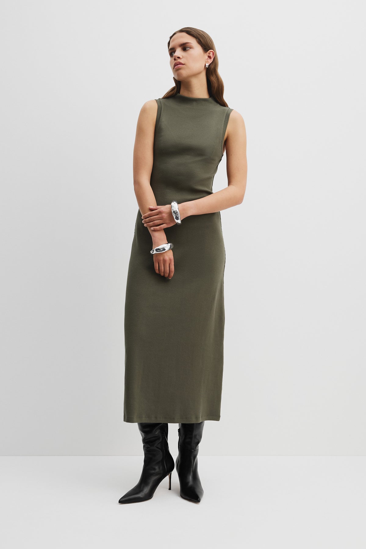 Cotton Blend Mock Neck Rib Dress