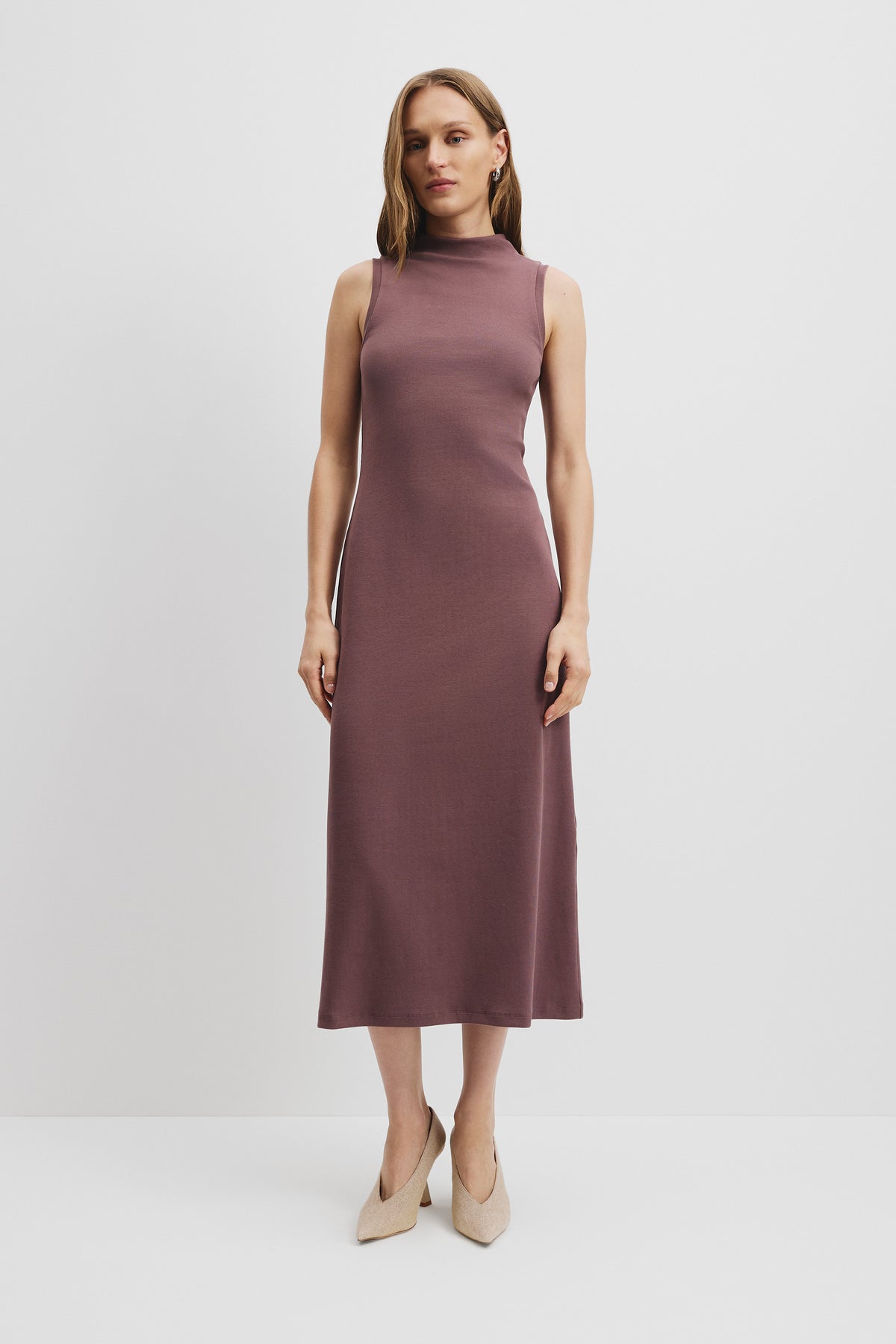 Cotton Blend Mock Neck Rib Dress