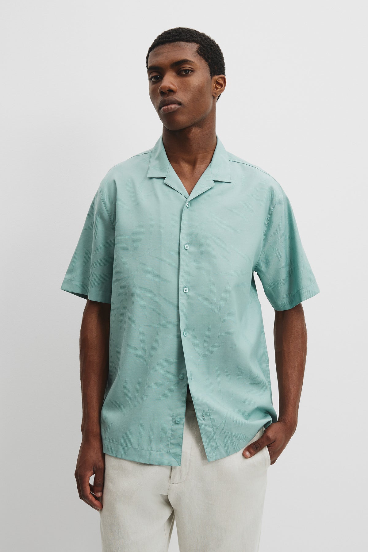 Cotton Short Sleeve Revere Jacquard Shirt