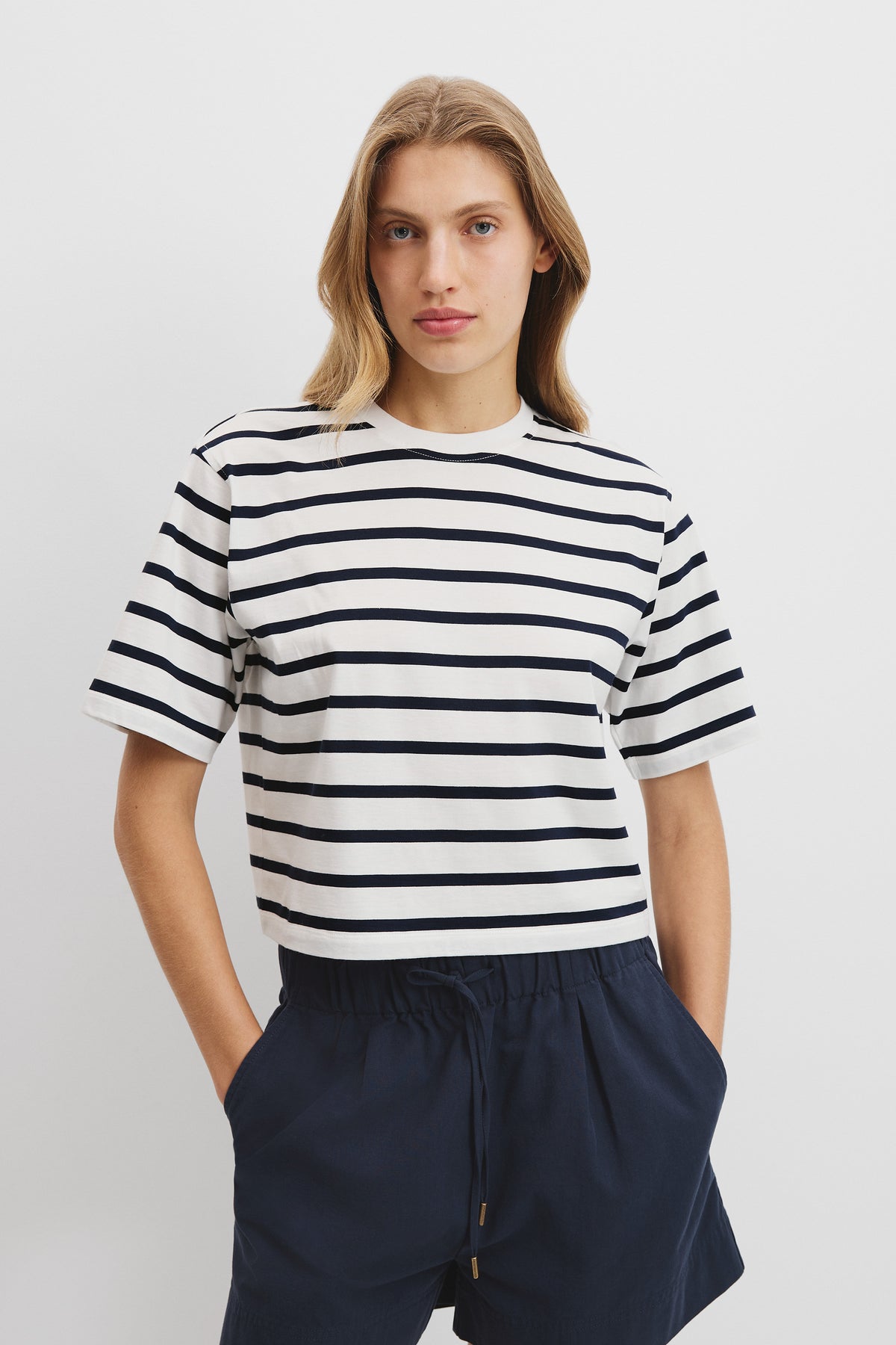 Cotton Relaxed Crop Stripe T-Shirt