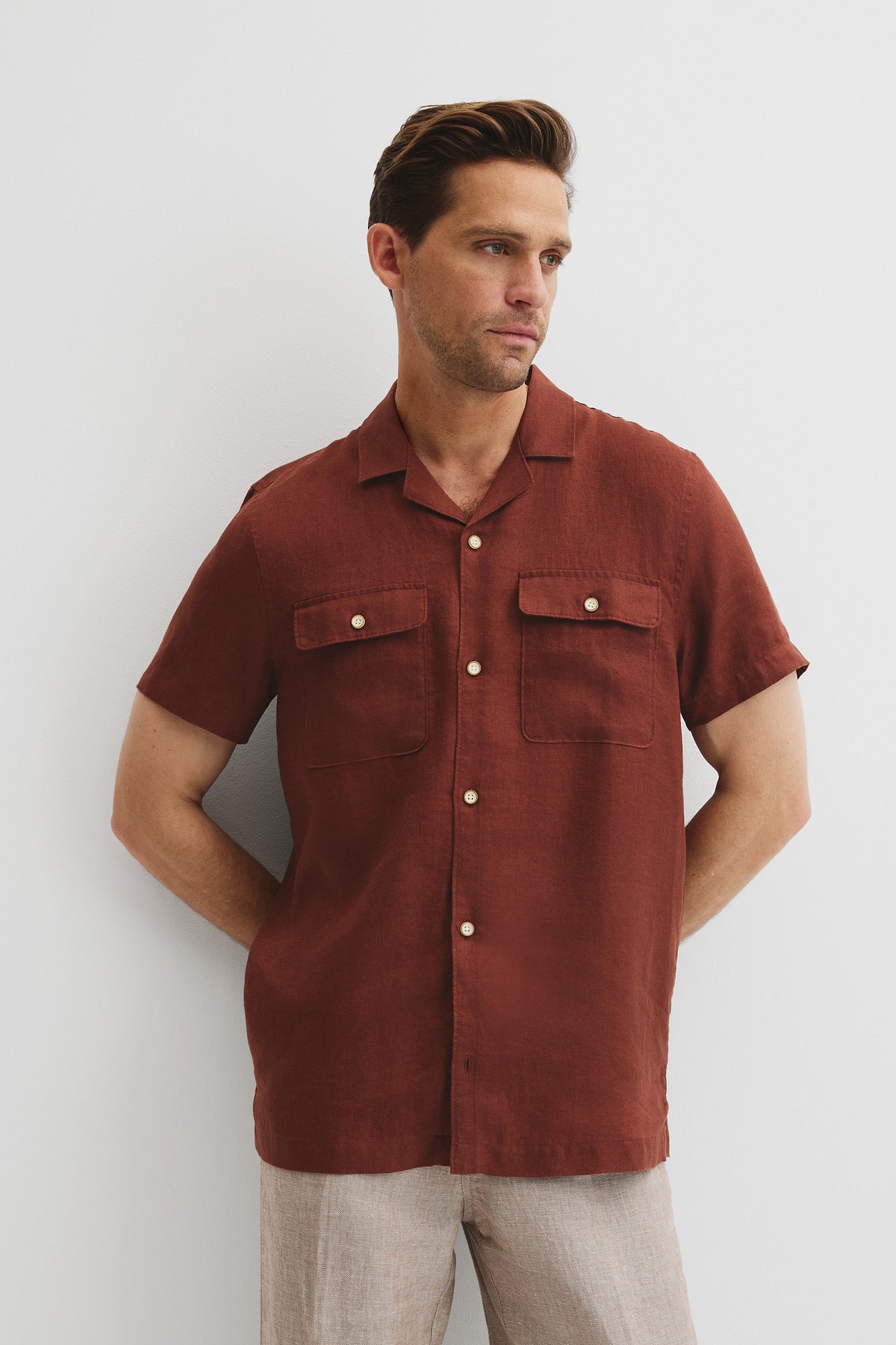 Double Pocket Textured Linen Short Sleeve Shirt