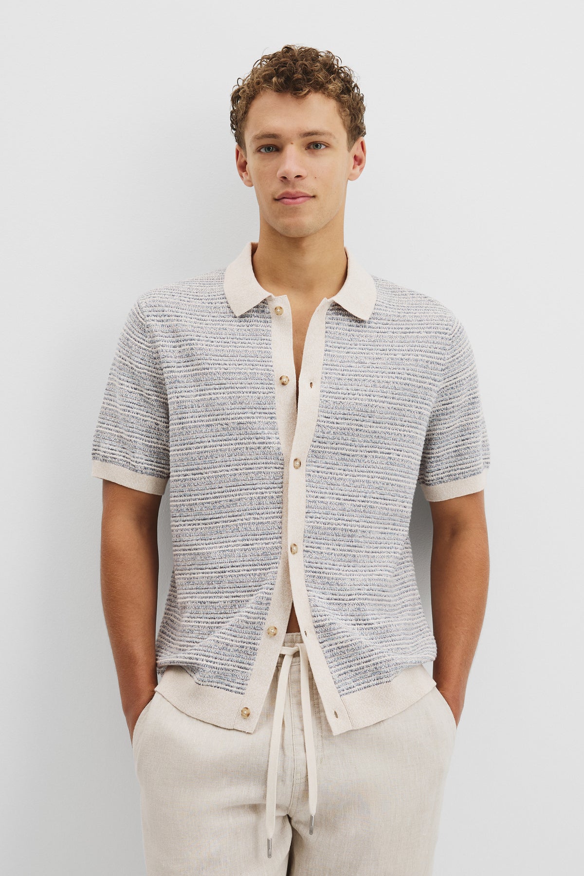 Cotton Linen Textured Stripe Knit Shirt