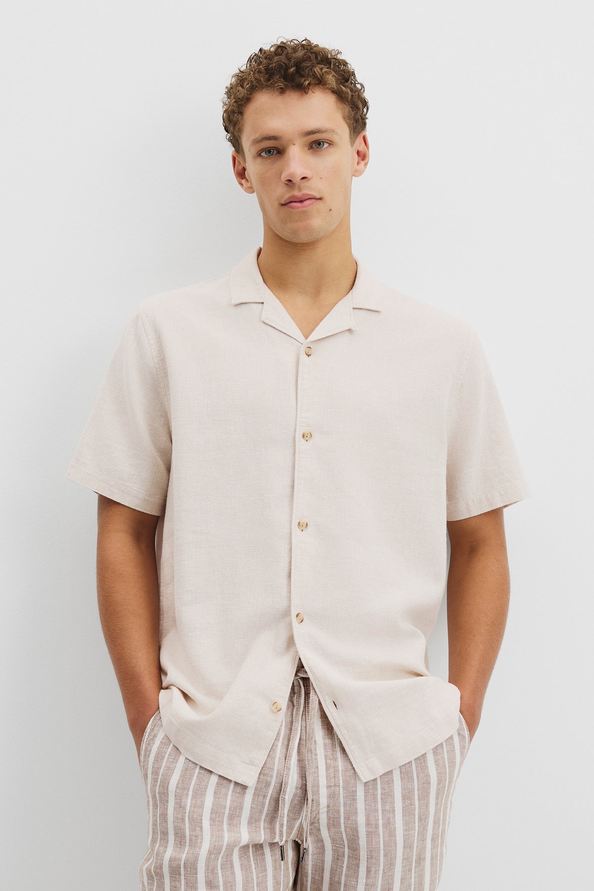 Short Sleeve Cotton Linen Basket Weave Shirt