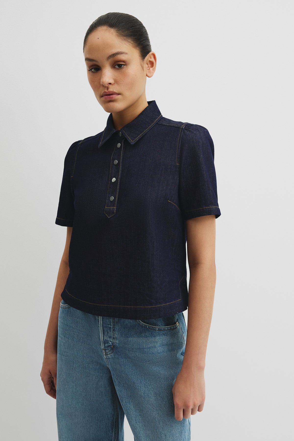 Half Placket Denim Top