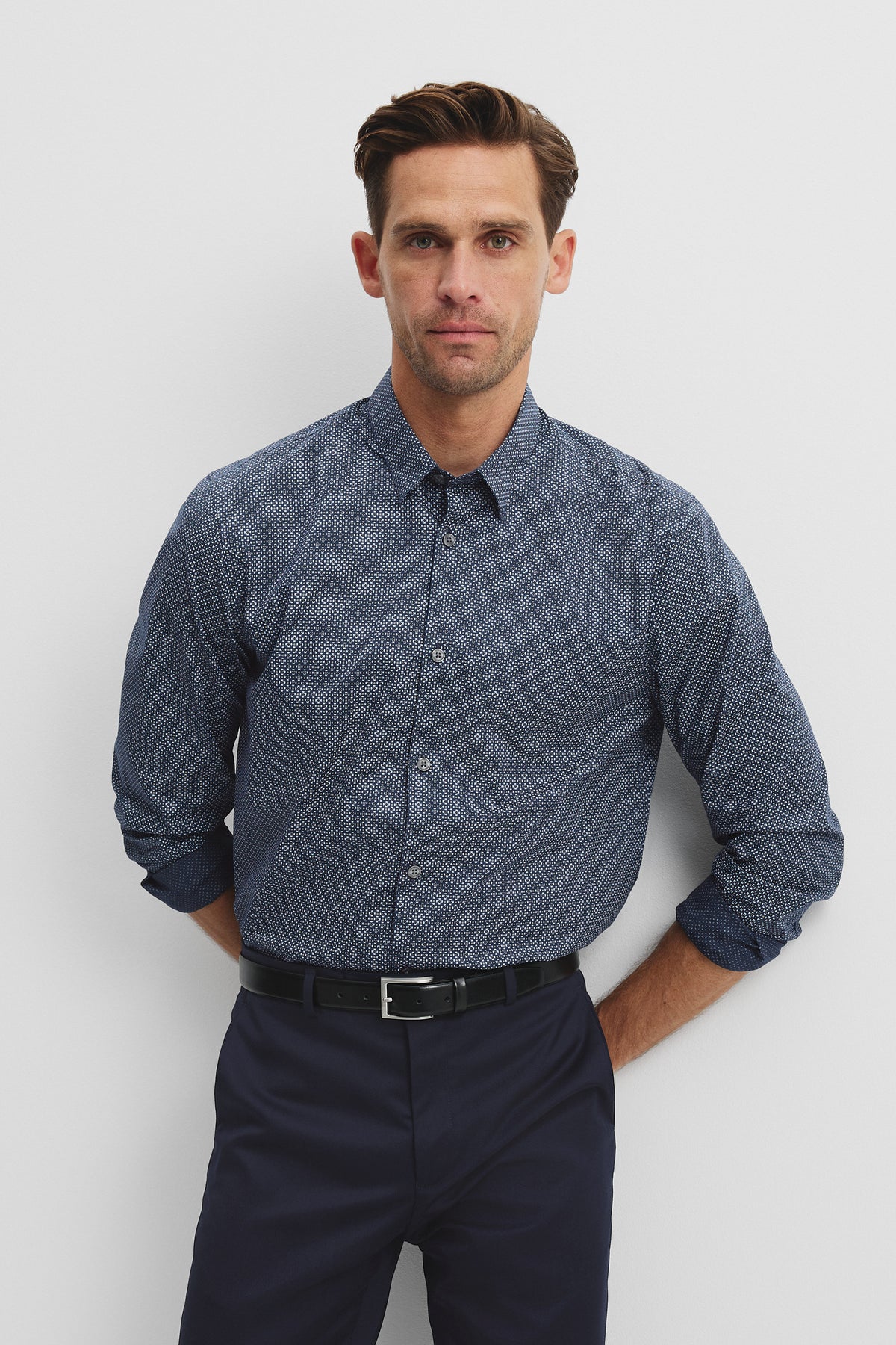 Long Sleeve Slim Fit Cotton Stretch Print Shirt