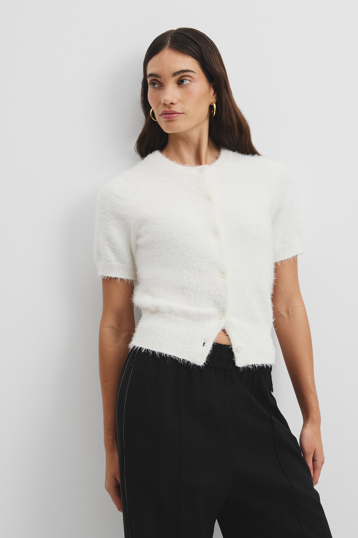 Button Fluffy Knit T-Shirt
