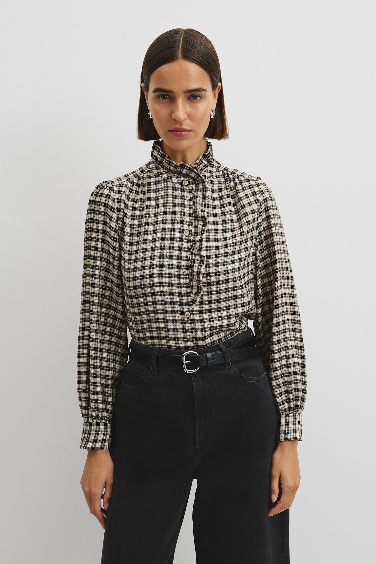 Check Long Sleeve Ruffle Shirt