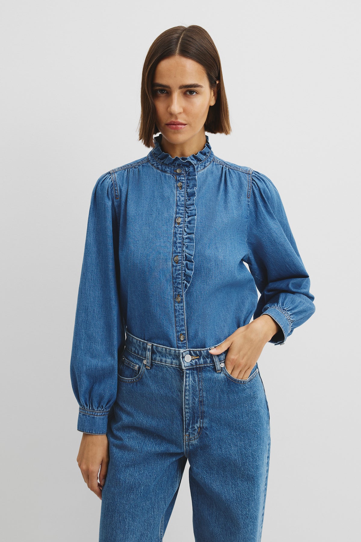 Denim Long Sleeve Ruffle Sh