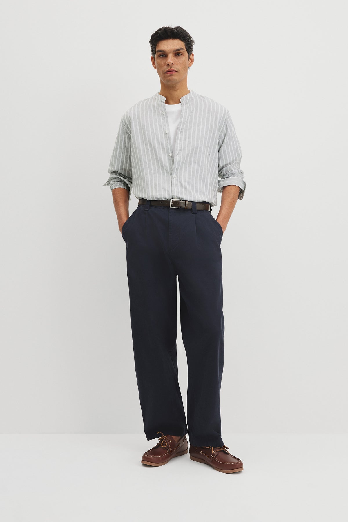 Long Sleeve Cotton Linen Band Collar Shirt