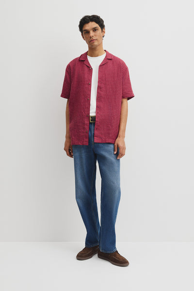 Relaxed Fit Short Sleeve Linen Blend Check Shirt