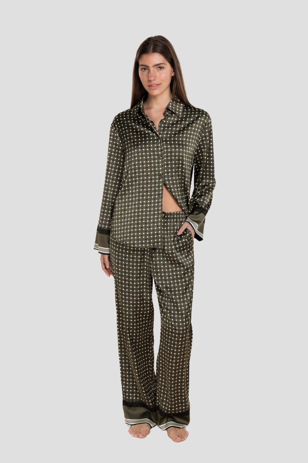 Scarlett Printed Silky Satin Pj Set - Olive - image 1